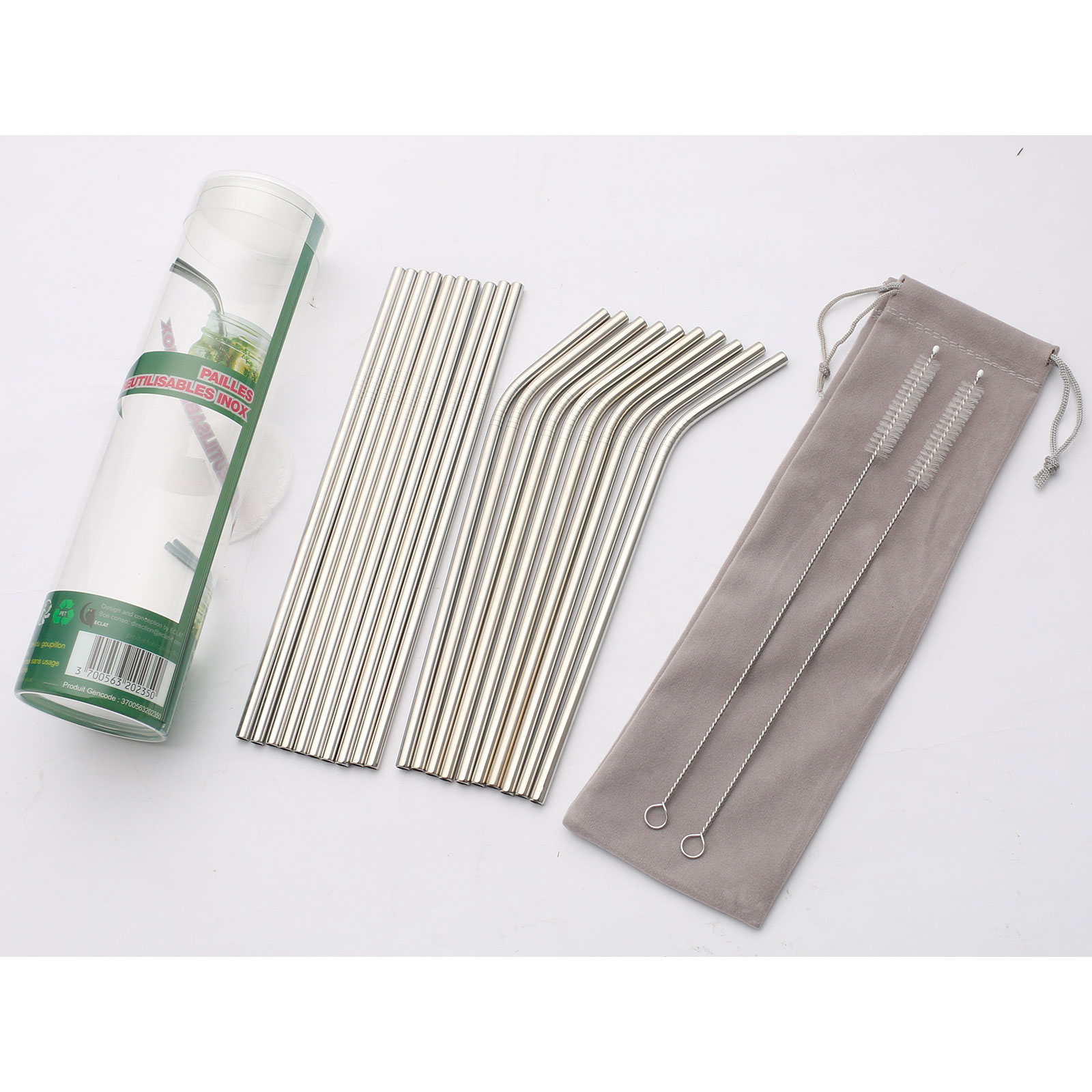 Set 20 Pailles droites/courbées en inox réutilisables
